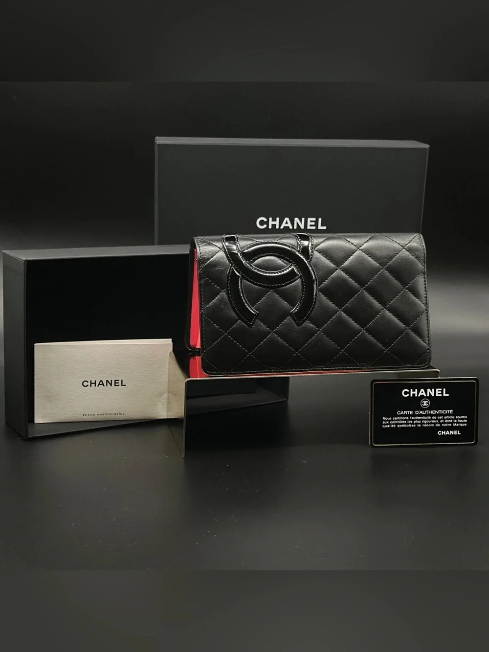 Chanel Cambon Line Quilted Lambskin Long Bifold Wallet Black Neon Pink
